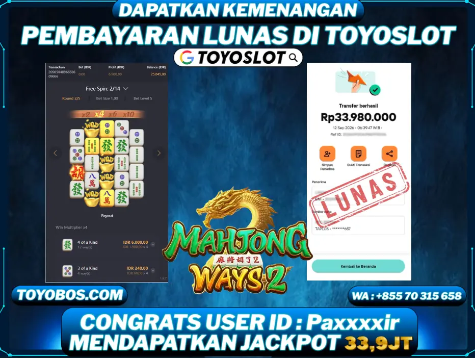 TOYOSLOT - BUKTI KEMENANGAN MAHJONG WAYS 2 Rp33,980,000,- LUNAS